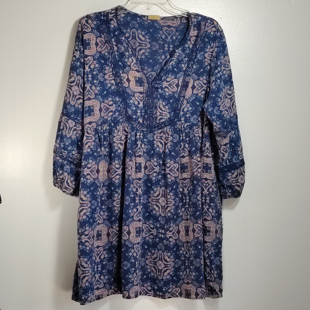 True Craft Women's Blue Paisley Print 3/4 Sleeve Casual‎ Boho Dress
